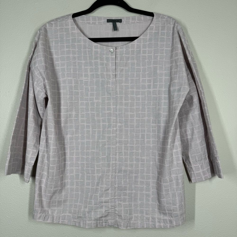 OSKA Key Hole Boxy Oversized Top Pink Gray Printed Blouse Lagenlook Size 1 Small
